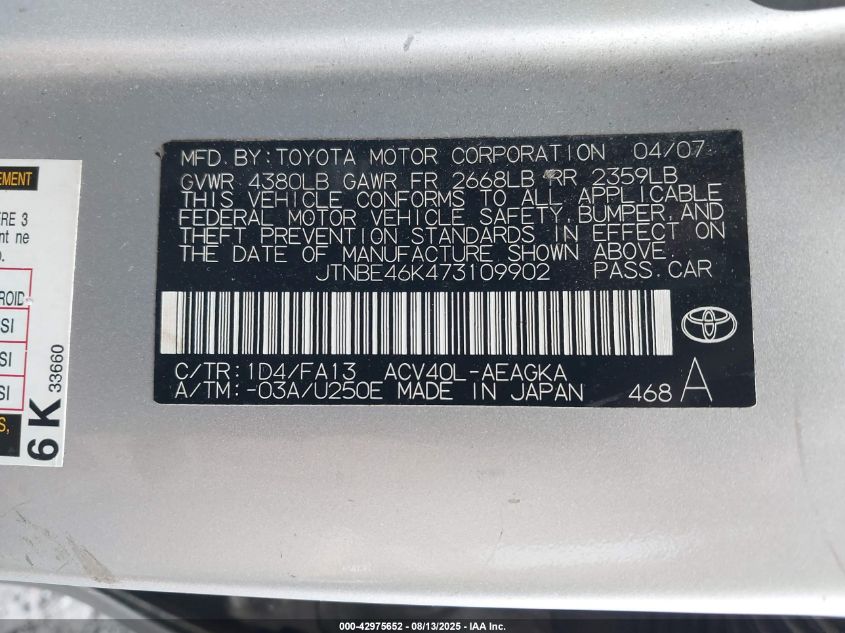 2007 Toyota Camry Xle VIN: JTNBE46K473109902 Lot: 42975652