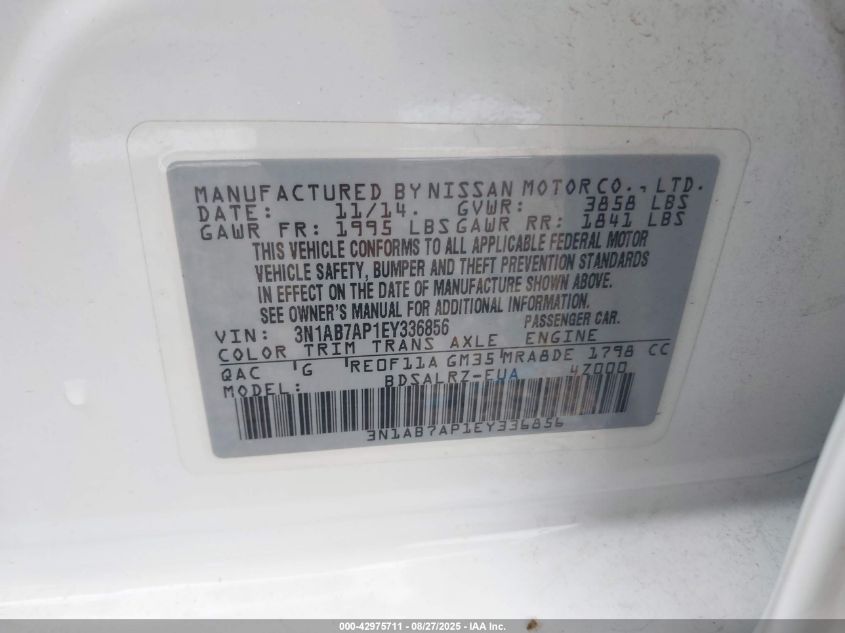 2014 Nissan Sentra Sr VIN: 3N1AB7AP1EY336856 Lot: 42975711