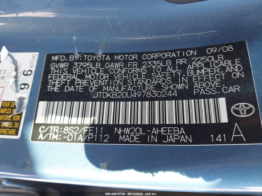 JTDKB20U497830244 2009 TOYOTA PRIUS photo no. 9