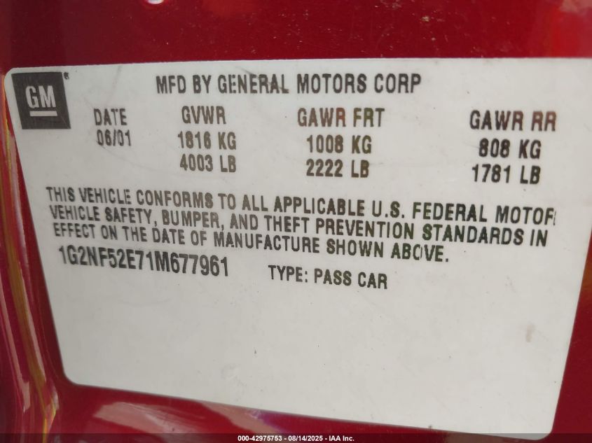 2001 Pontiac Grand Am VIN: 1G2NFS52E71M67796 Lot: 42975753