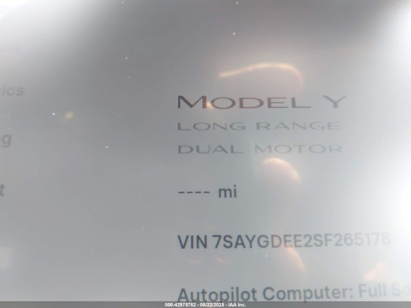 2025 Tesla Model Y Long Range Dual Motor All-Wheel Drive VIN: 7SAYGDEE2SF265178 Lot: 42975782