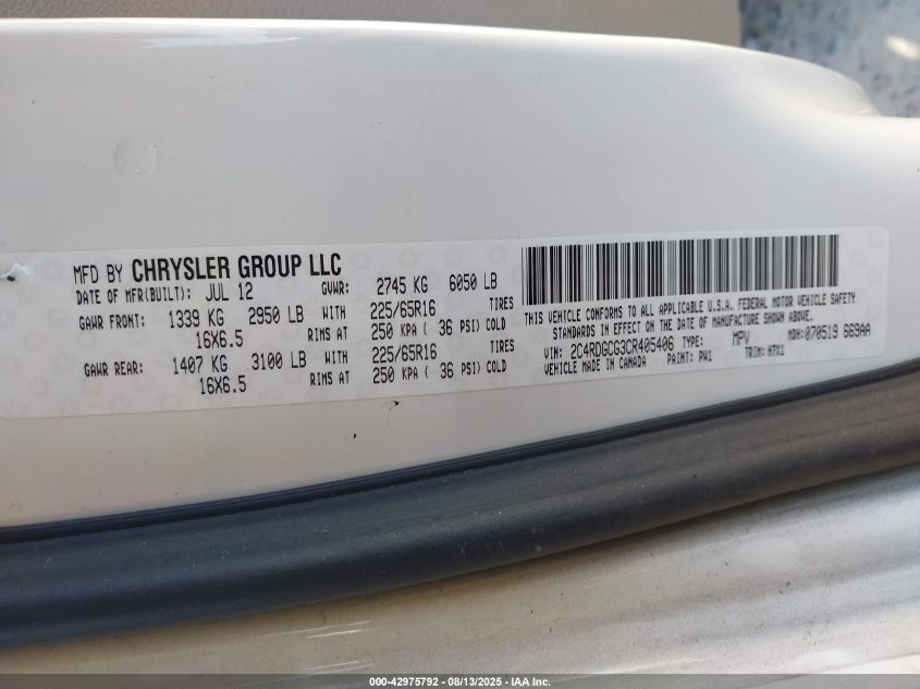 2012 Dodge Grand Caravan Sxt VIN: 2C4RDGCG3CR405406 Lot: 42975792