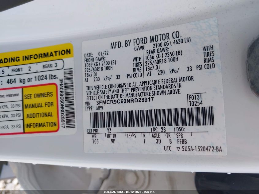 2022 Ford Bronco Sport Outer Banks VIN: 3FMCR9C60NRD28917 Lot: 42975864