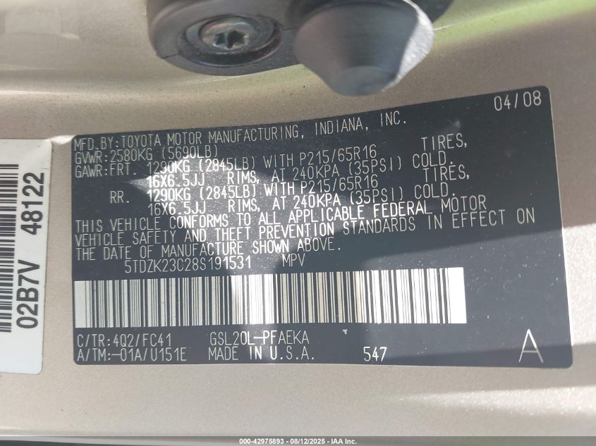 2008 Toyota Sienna Le VIN: 5TDZK23C28S191531 Lot: 42975893