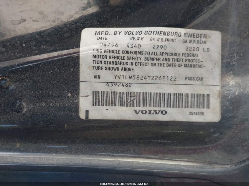 1996 Volvo 850 R VIN: YV1LW5824T2262122 Lot: 42975955