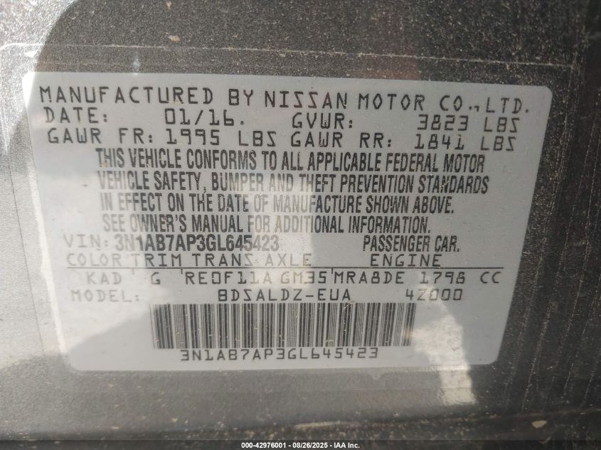 2016 Nissan Sentra Fe+ S/S/Sl/Sr/Sv VIN: 3N1AB7AP3GL645423 Lot: 42976001