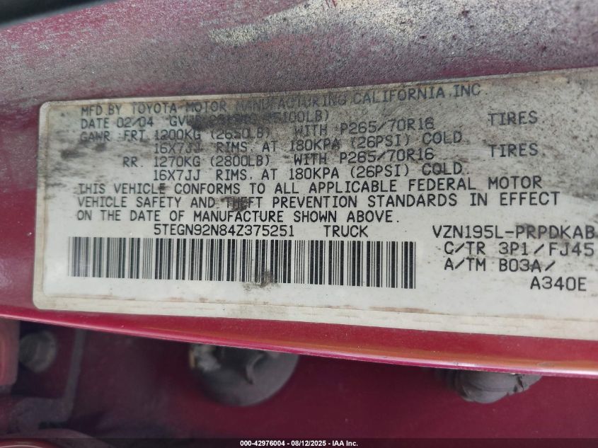2004 Toyota Tacoma Prerunner V6 VIN: 5TEGN92N84Z375251 Lot: 42976004