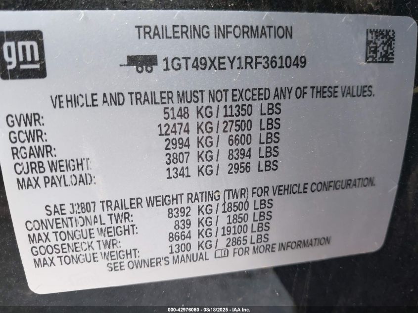 2024 GMC Sierra 2500Hd 4Wd Standard Bed Denali Ultimate VIN: 1GT49XEY1RF361049 Lot: 42976060