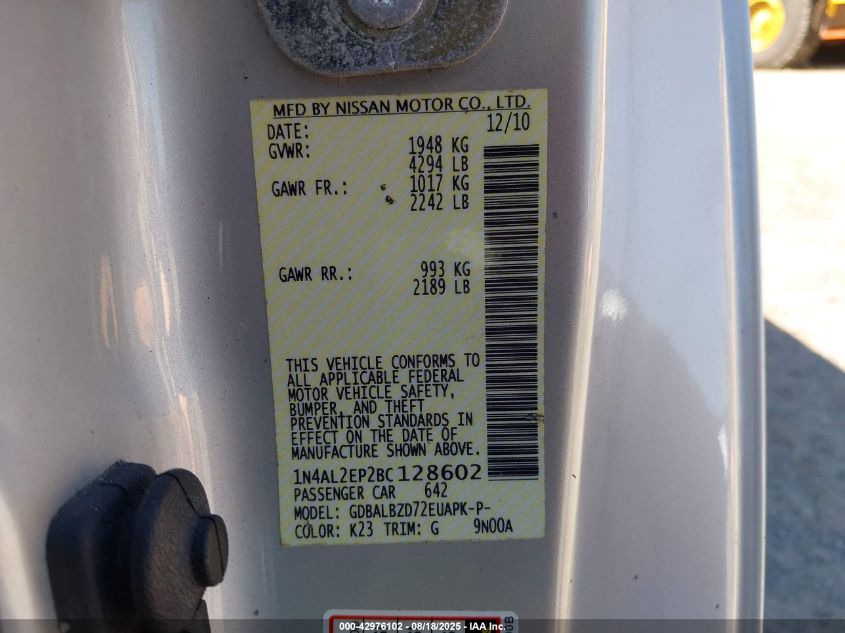 2011 Nissan Altima 2.5 S VIN: 1N4AL2EP2BC128602 Lot: 42976102