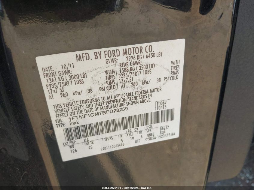 2011 Ford F-150 Xl VIN: 1FTMF1CM7BFD28259 Lot: 42976191