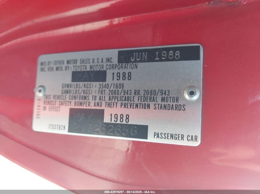 1988 Toyota Celica Gt VIN: JT5ST62K2J7262656 Lot: 42976297