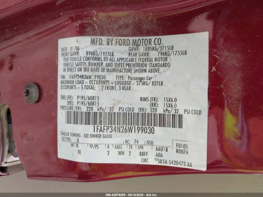 2006 Ford Focus Zx4 VIN: 1FAFP34N26W199030 Lot: 42976299