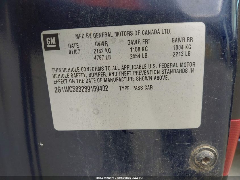 2008 Chevrolet Impala Lt VIN: 2G1WC583289159402 Lot: 42976370