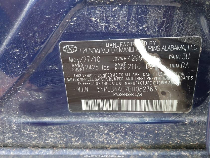 2011 Hyundai Sonata Gls VIN: 5NPEB4AC7BH082363 Lot: 42976429