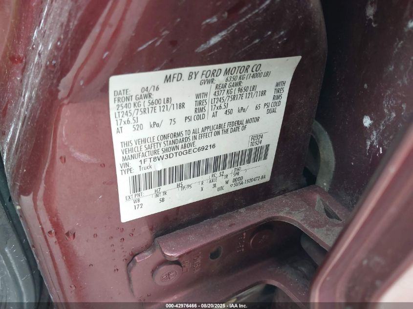 2016 Ford F-350 Lariat VIN: 1FT8W3DT0GEC69216 Lot: 42976466
