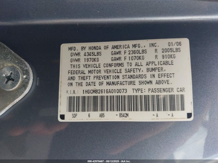 2006 Honda Accord 3.0 Ex VIN: 1HGCM82616A010073 Lot: 42976467