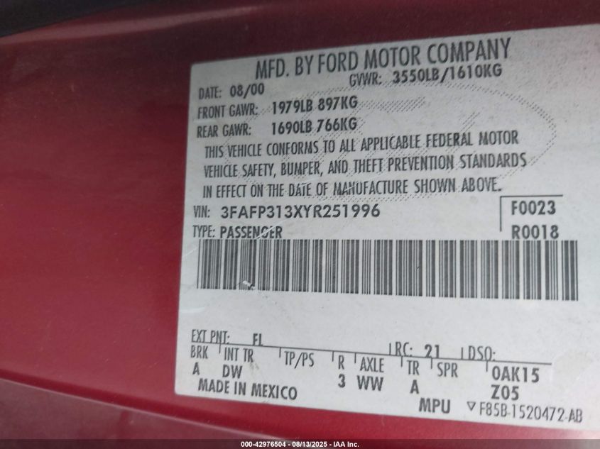 2000 Ford Focus Zx3 VIN: 3FAFP313XYR251996 Lot: 42976504