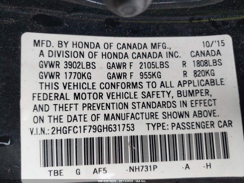 2016 HONDA CIVIC EX-L 2HGFC1F79GH631753