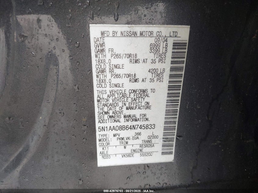 2004 Nissan Pathfinder Armada Le VIN: 5N1AA08B64N745833 Lot: 42976703