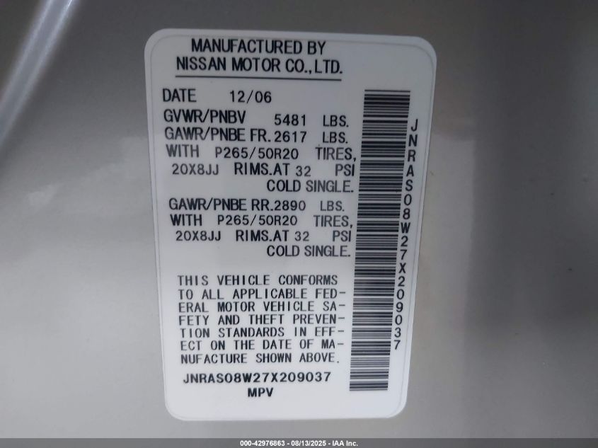 2007 Infiniti Fx35 VIN: JNRAS08W27X209037 Lot: 42976863