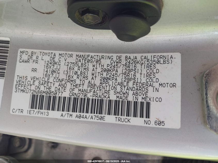 2006 Toyota Tacoma Prerunner V6 VIN: 3TMKU72N86M005077 Lot: 42976937