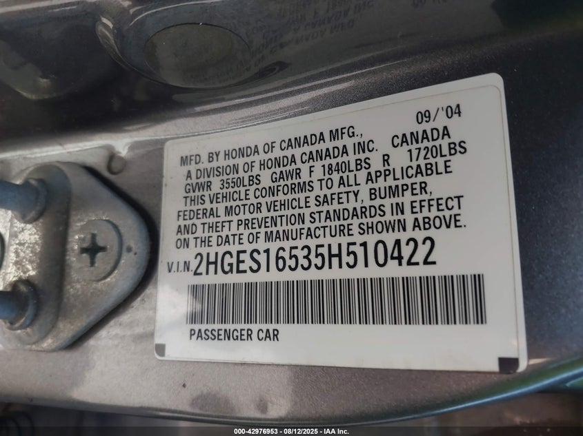 2005 Honda Civic Lx VIN: 2HGES16535H510422 Lot: 42976953