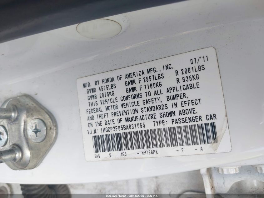 2011 Honda Accord 3.5 Ex-L VIN: 1HGCP3F85BA031055 Lot: 42976962