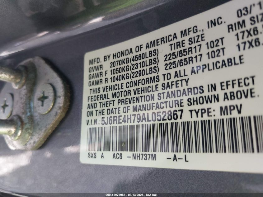 2010 Honda Cr-V Ex-L VIN: 5J6RE4H79AL052867 Lot: 42976987