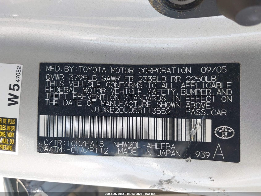 JTDKB20U053113552 2005 TOYOTA PRIUS photo no. 9