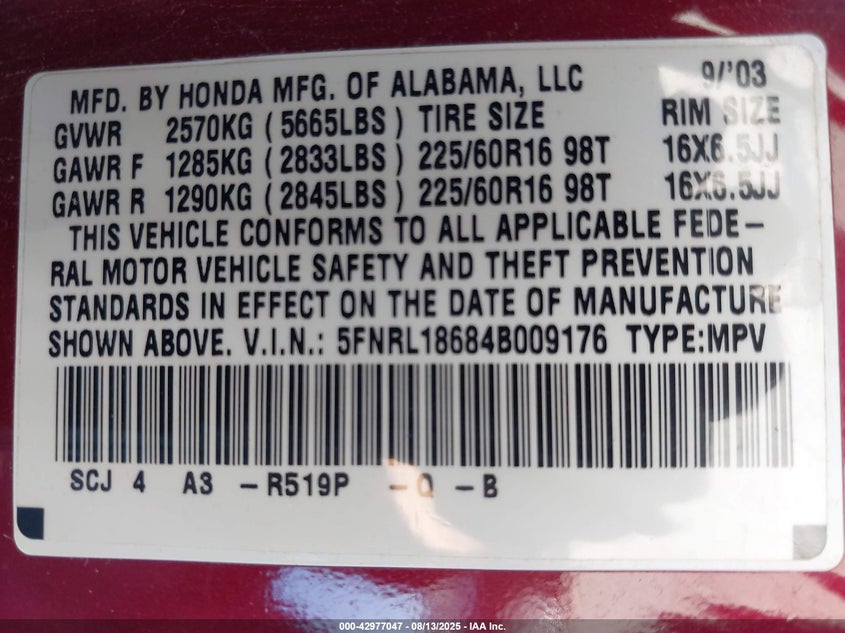 2004 Honda Odyssey Ex VIN: 5FNRL18684B009176 Lot: 42977047