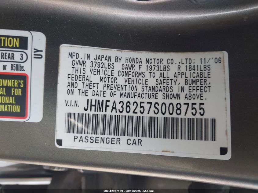 2007 Honda Civic Hybrid VIN: JHMFA36257S008755 Lot: 42977139