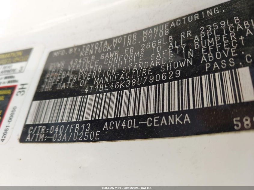 2008 Toyota Camry Le VIN: 4T1BE46K38U790629 Lot: 42977169