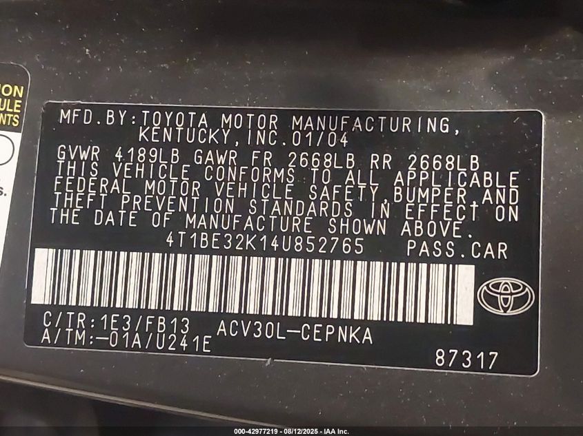 2004 Toyota Camry Le VIN: 4T1BE32K14U852765 Lot: 42977219