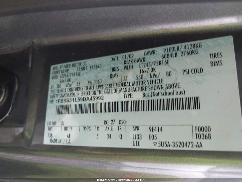 2009 Ford E-350 Super Duty Xl/Xlt VIN: 1FBSS31L59DA45992 Lot: 42977320