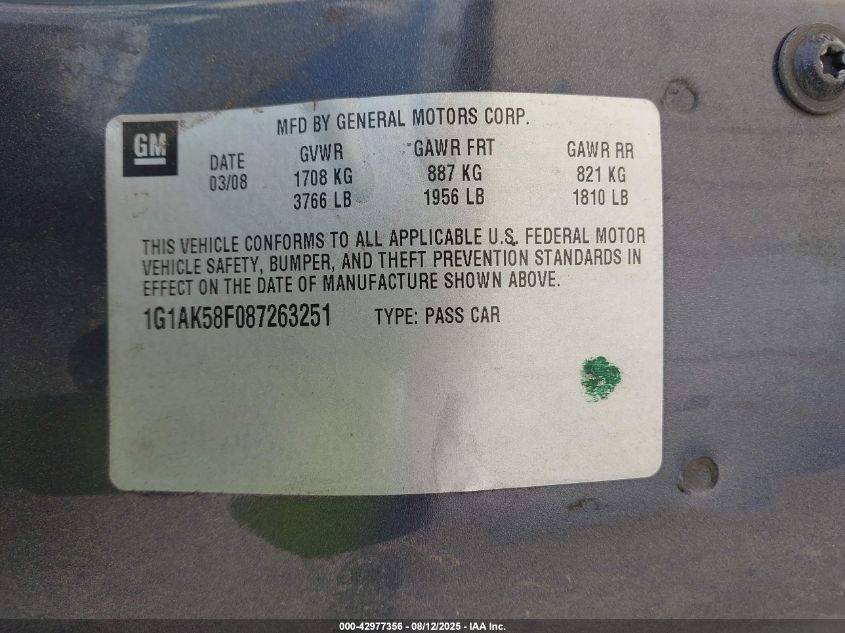2008 Chevrolet Cobalt Ls VIN: 1G1AK58F087263251 Lot: 42977356