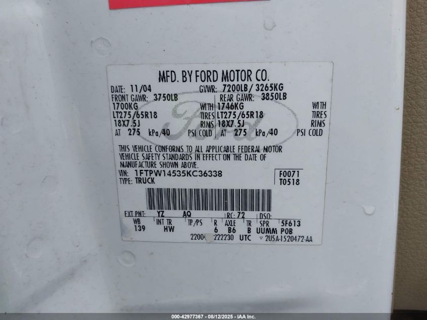2005 Ford F-150 Fx4/Lariat/Xlt VIN: 1FTPW14535KC36338 Lot: 42977367