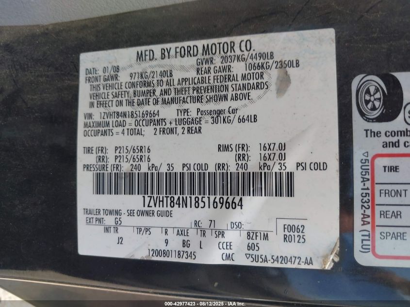 2008 Ford Mustang V6 Deluxe/V6 Premium VIN: 1ZVHT84N185169664 Lot: 42977423