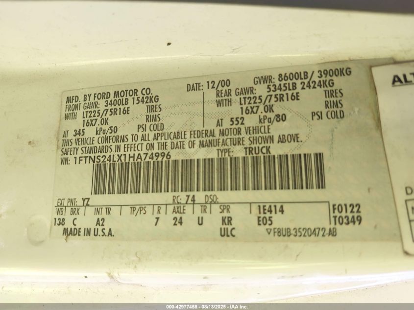 2001 Ford Econoline E250 Van VIN: 1FTNS24LX1HA74996 Lot: 42977458