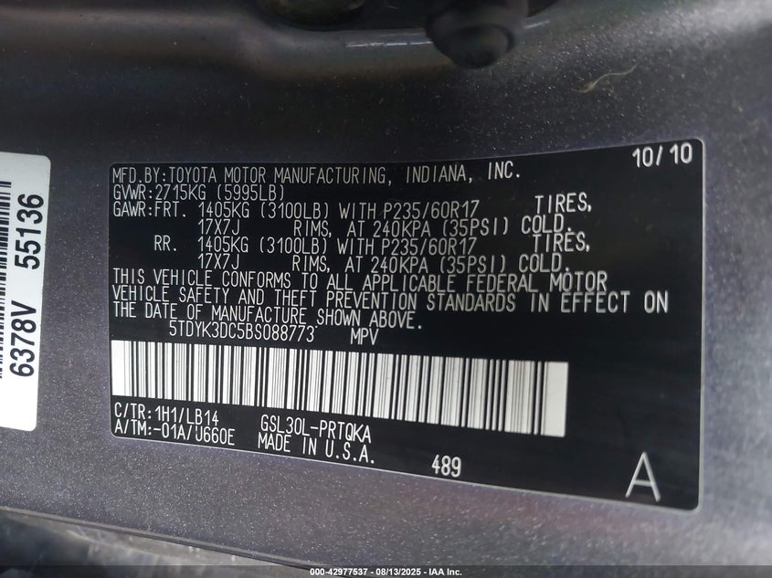 2011 Toyota Sienna Xle V6 VIN: 5TDYK3DC5BS088773 Lot: 42977537