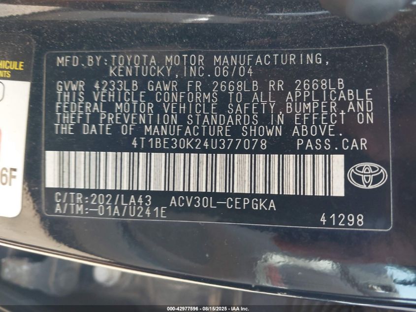 2004 Toyota Camry Xle VIN: 4T1BE30K24U377078 Lot: 42977596