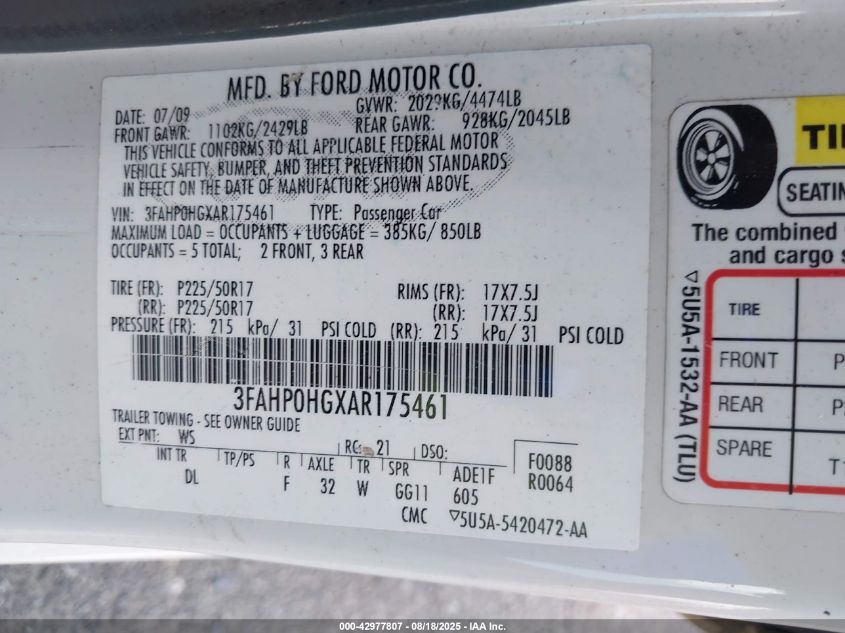 2010 Ford Fusion Se VIN: 3FAHP0HGXAR175461 Lot: 42977807