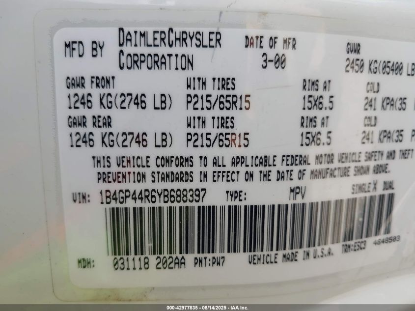 2000 Dodge Grand Caravan Se VIN: 1B4GP44R6YB688397 Lot: 42977835