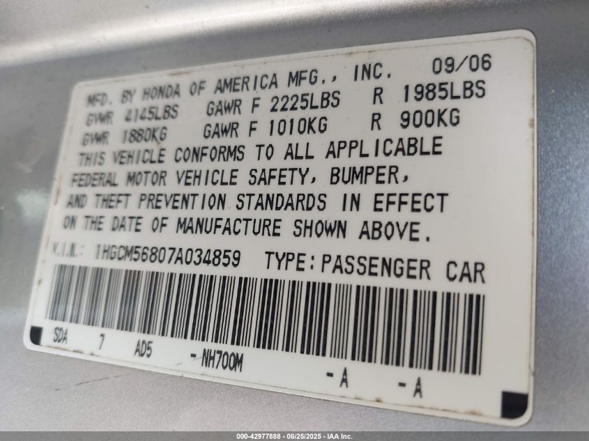 2007 Honda Accord 2.4 Ex VIN: 1HGCM56807A034859 Lot: 42977888