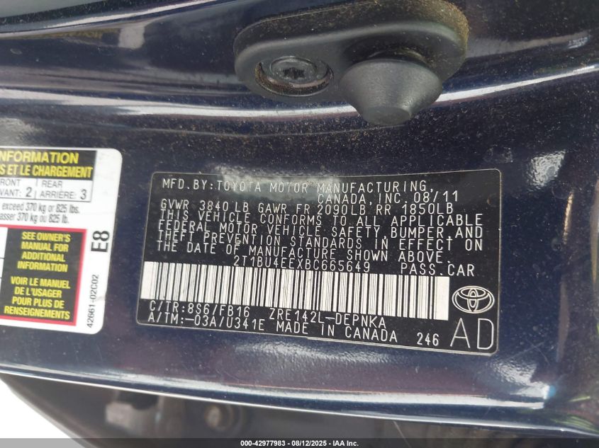 2011 Toyota Corolla Le VIN: 2T1BU4EEXBC665649 Lot: 42977983