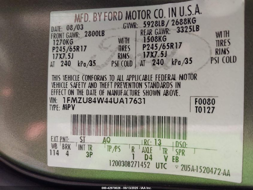 2004 Ford Explorer Eddie Bauer VIN: 01FMZU84W44UA1763 Lot: 42978026