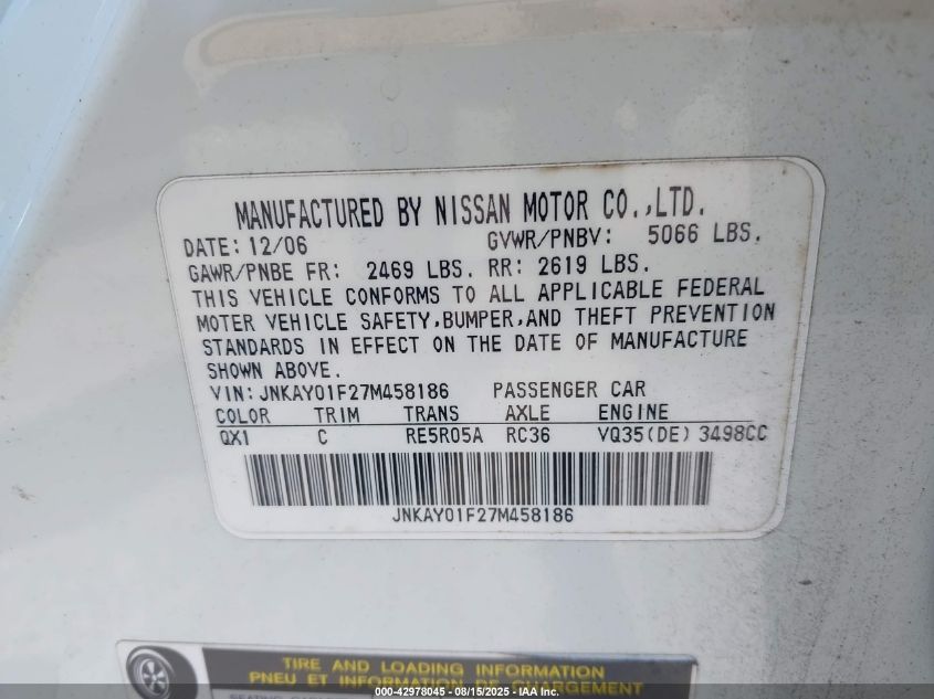 2007 Infiniti M35X VIN: JNKAY01F27M458186 Lot: 42978045