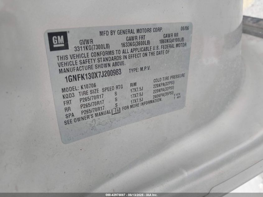 2007 Chevrolet Tahoe Lt VIN: 1GNFK130X7J200983 Lot: 42978087