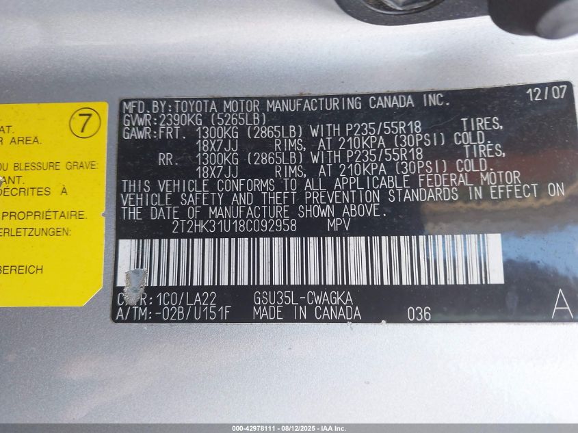 2008 Lexus Rx 350 VIN: 2T2HK31U18C092958 Lot: 42978111