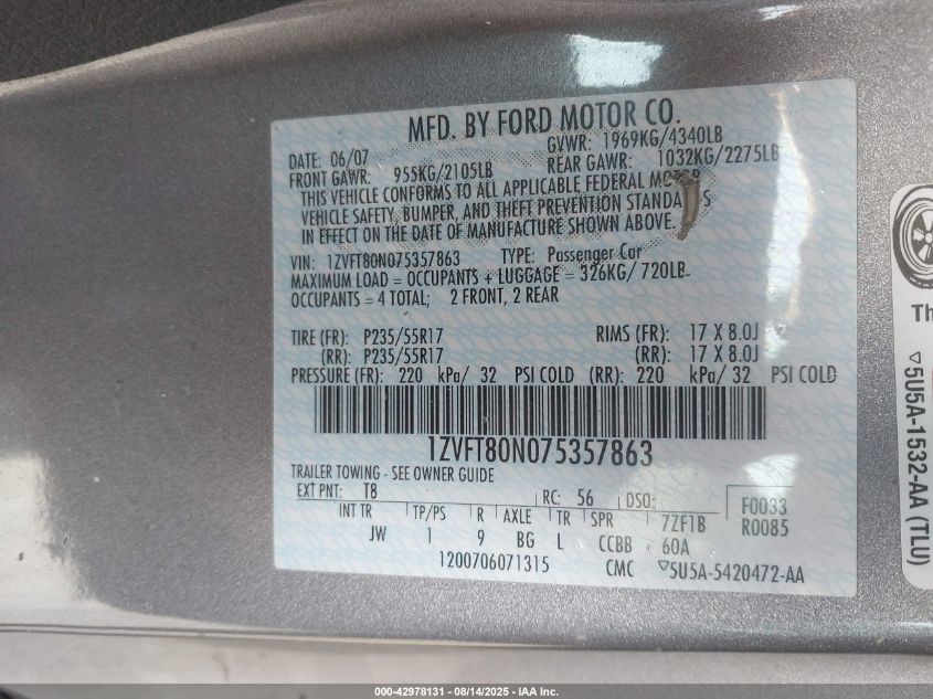 2007 Ford Mustang V6 Deluxe/V6 Premium VIN: 1ZVFT80N075357863 Lot: 42978131