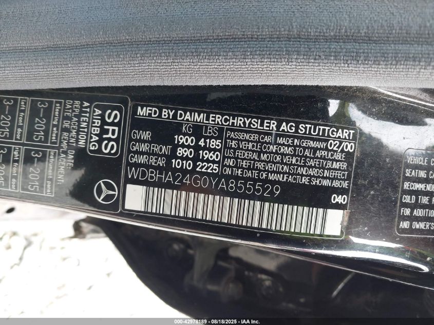 2000 Mercedes-Benz C 230 Kompressor VIN: WDBHA24G0YA855529 Lot: 42978189